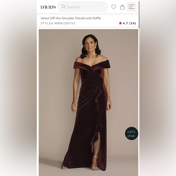 David’s Bridal OLEG CASSINI Velvet Off-the-Shoulder Sheath with Ruffle - Picture 2 of 9